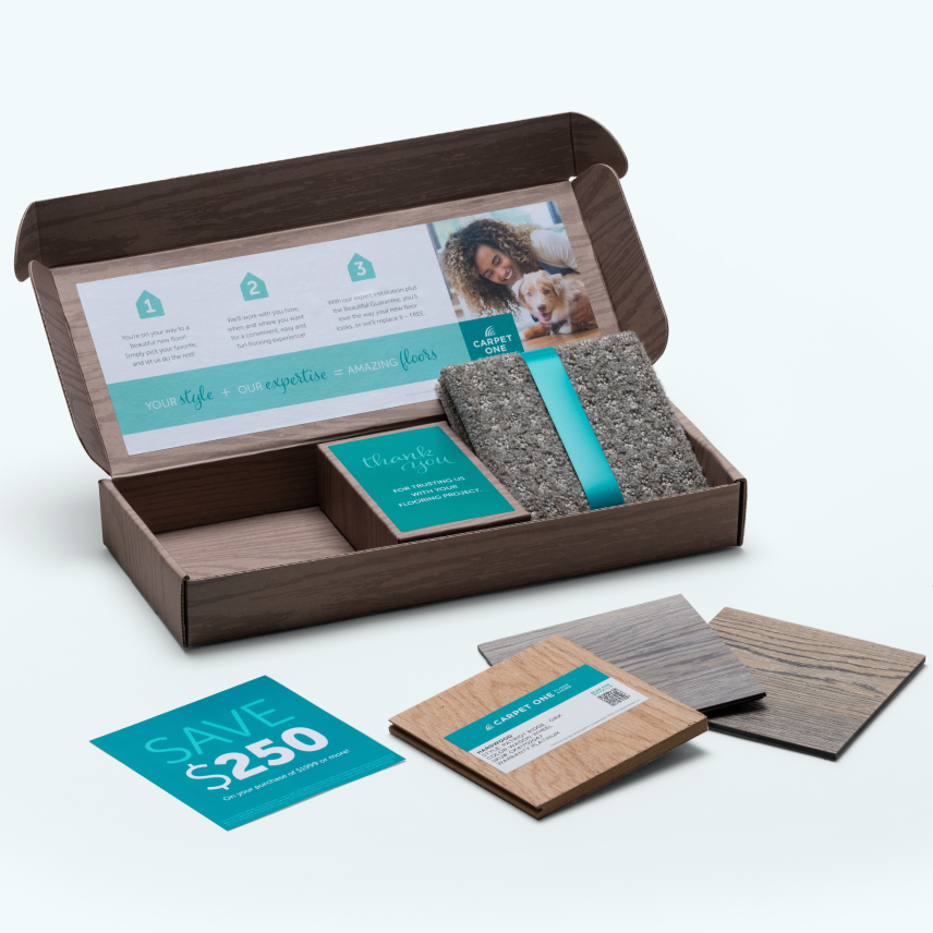 image of sample box containing carpet and wood plank samples and Save $250 off coupon
