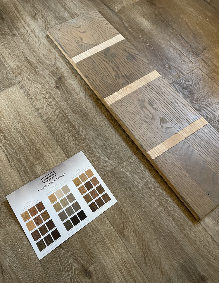 DuraSeal hardwood stain color samples used by Top Floors Carpet One for custom color matching during refinishing projects