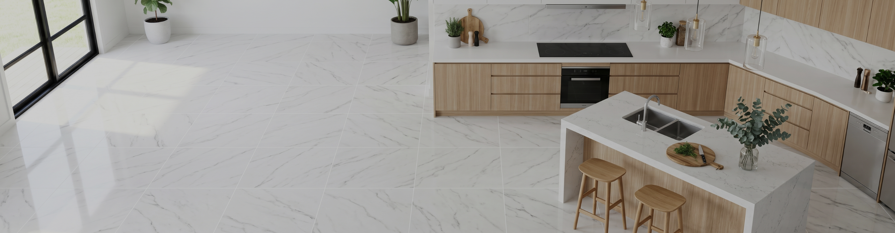 Large-format marble-look porcelain tile floor professionally installed in a modern Suwanee GA kitchen with matching countertops and backsplash