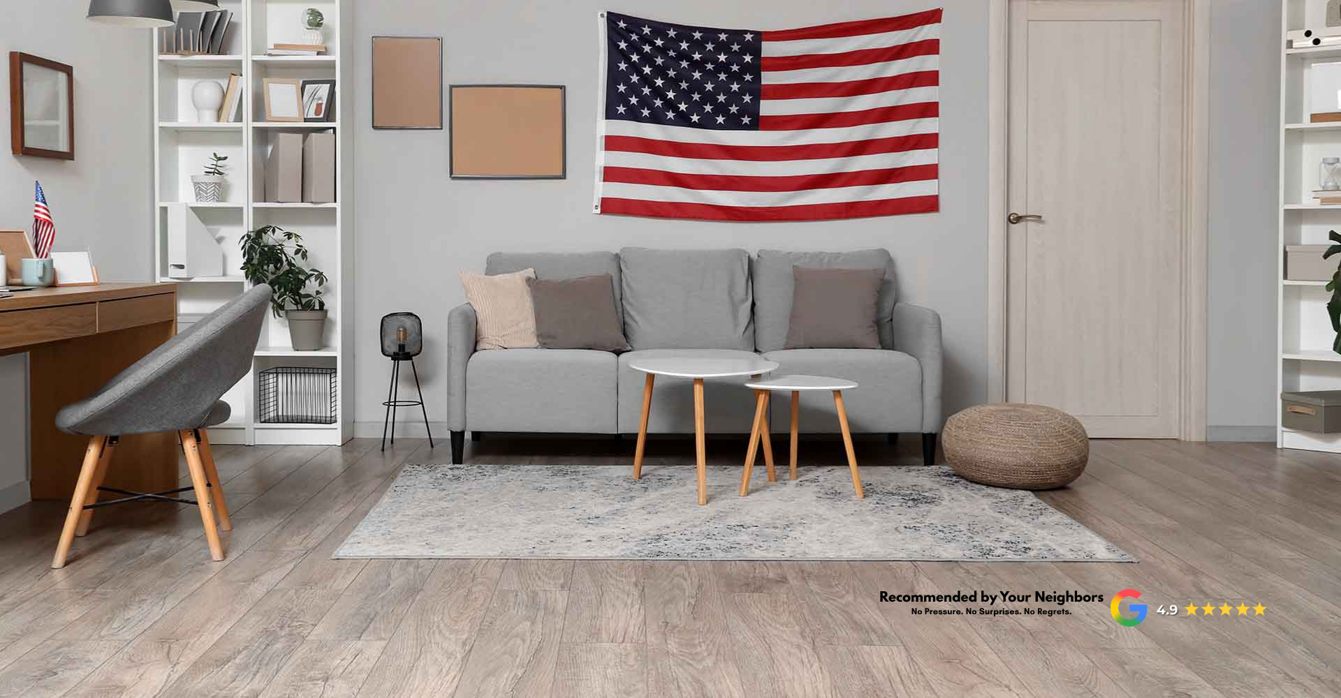 American flag in a living room with beautiful hardwood floors — Top Floors Carpet One, family-owned 