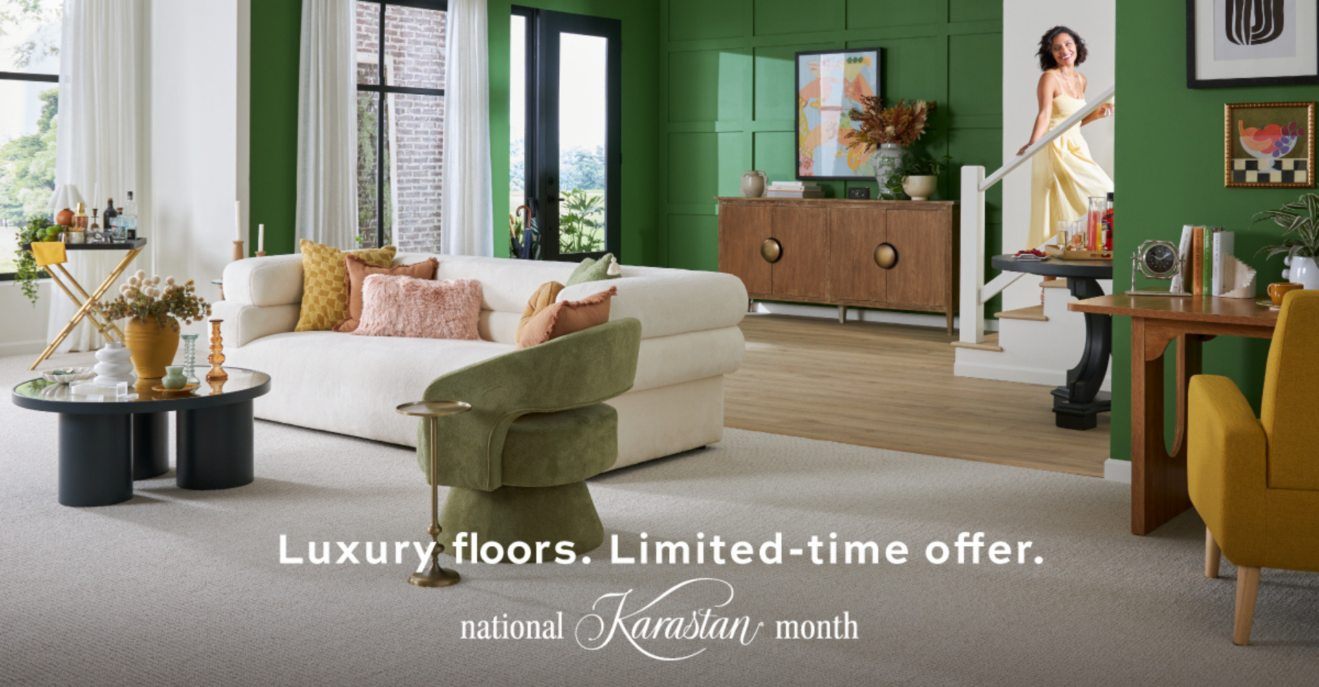 Modern living room featuring Karastan carpet