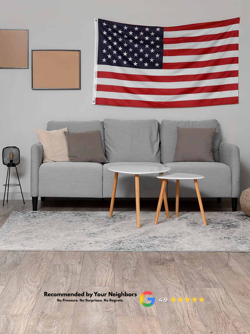 American flag in a living room with beautiful hardwood floors — Top Floors Carpet One, family-owned 