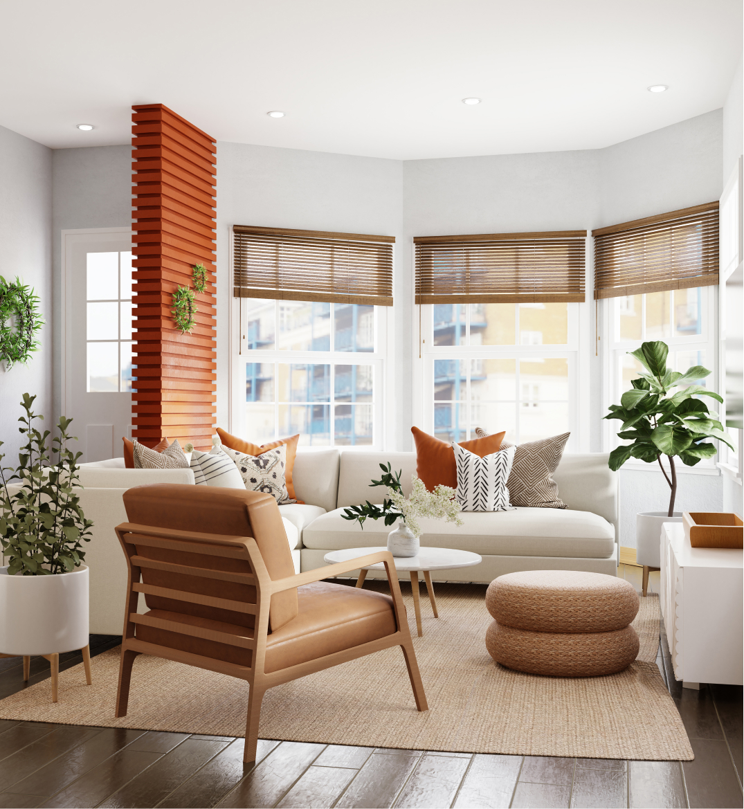 Bright warm sunroom. Midcentury modern furniture sits upon a sandy colored custom area rug.  Dark deep red toned hardwoods run the length of the room. We service the Duluth Georgia area. 